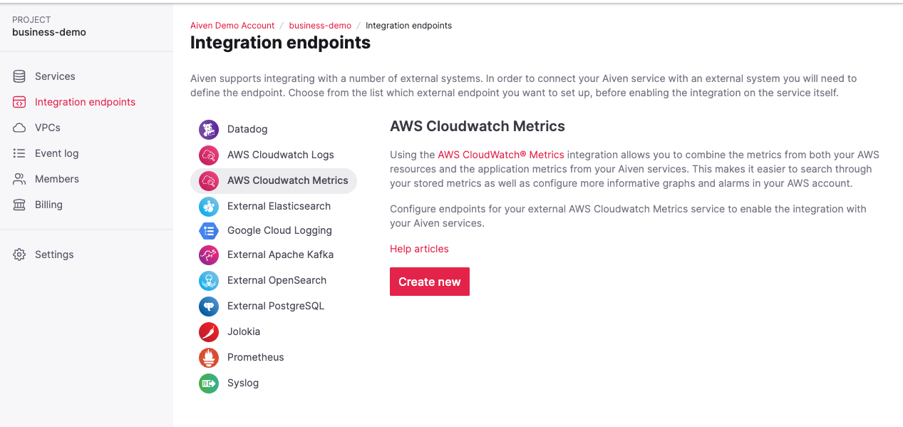 Screenshot of Aiven Integrations