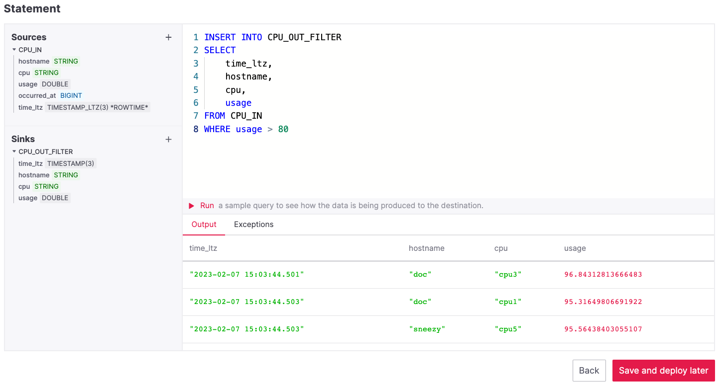 The Apache Flink data transformation with SQL preview of the data