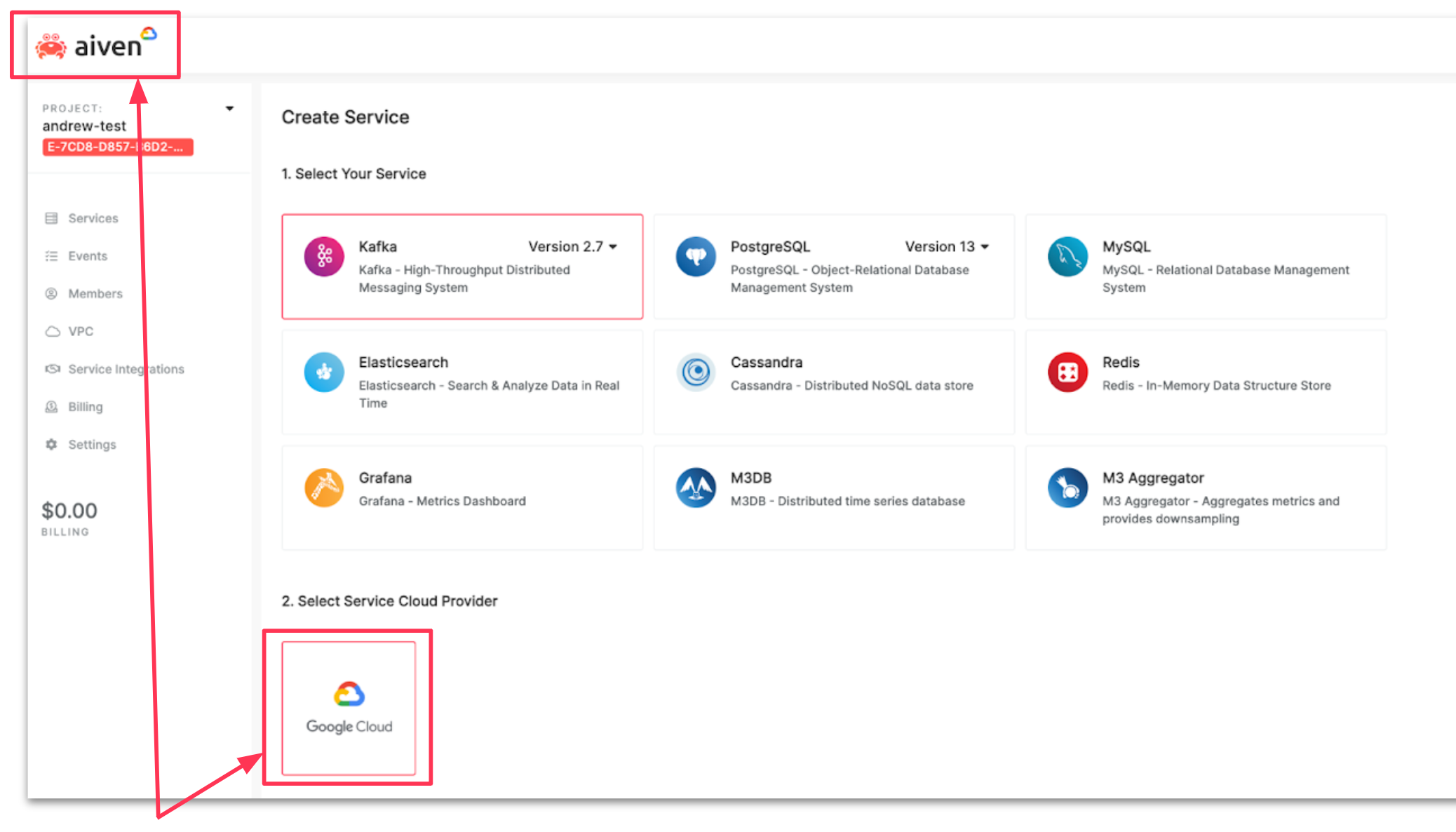 The GCP version of the Aiven web console