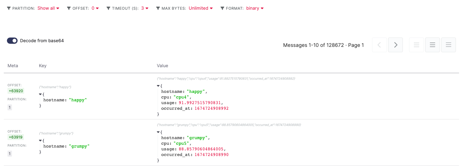 detail of the messages in the ``cpu_load_stats_real`` topic including both key and value in JSON format