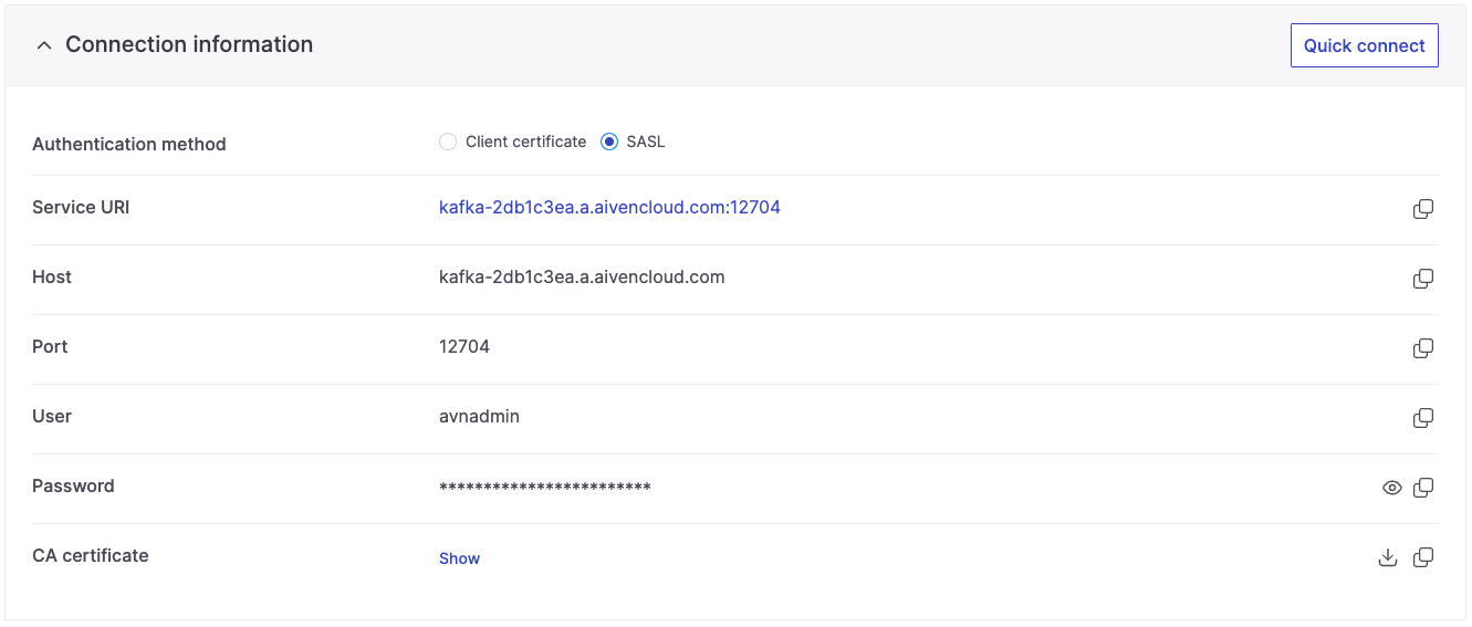 Choose between SASL and certificate connection details