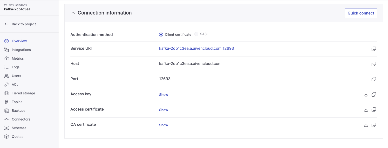 Access Key, Access Certificate, and CA Certificate download from Aiven Console